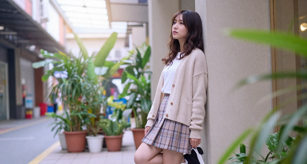 A deeply thinking Female Former university dropout at 22, now thriving as a digital expression artist in their 25, standing tall with newfound self-assurance, wearing a classic librarian style cardigan and a plaid skirt, dangling a shoe from one foot in a urban street.