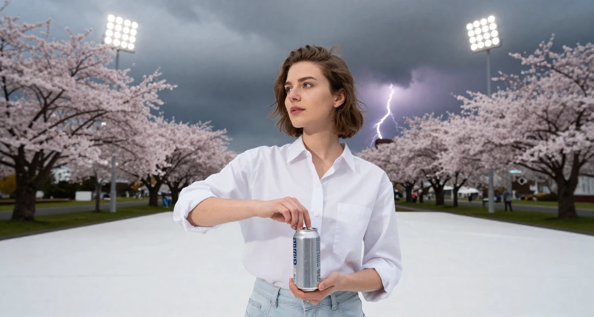 A observant Female From Iceland, majored in renewable energy studies in their 22, balancing personal dating life with creator identity, wearing a crisp button-up with rolled sleeves, opening a soda can in a cherry blossom park.