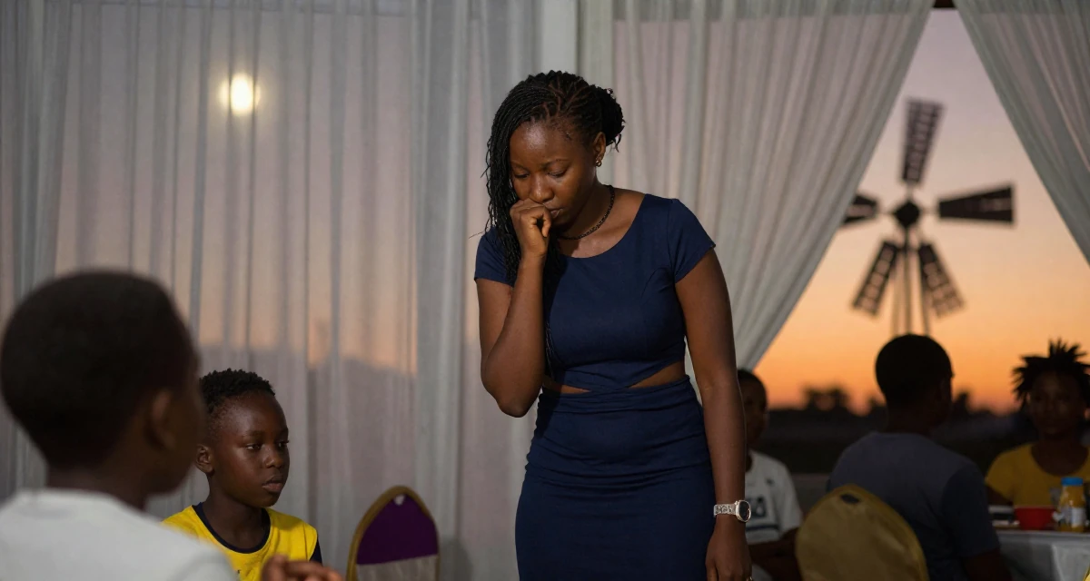 A melancholic Female From Trinidad & Tobago, studied performing arts in their 45, helping kids apply for college and empty nesting, wearing a fitted midi dress with a cutout at the waist, taking a deep breath in a banquet hall.