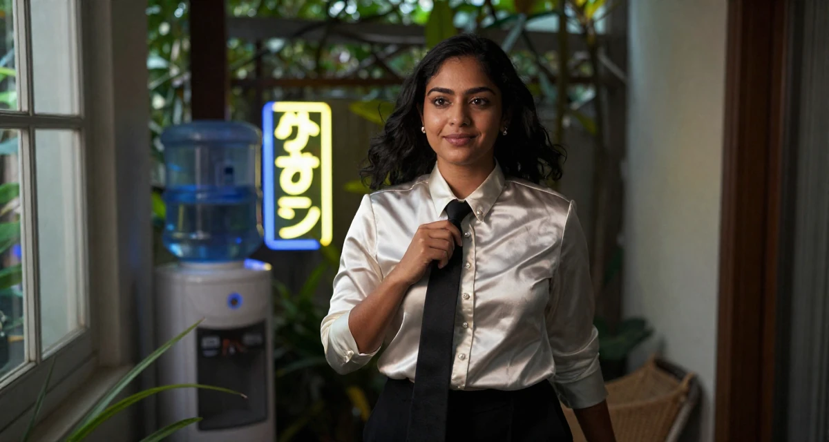 A lighthearted Female From Sri Lanka, studied digital commerce in their 25, realizing no one teaches emotional labor in creator work, wearing a satin blouse with pearl buttons, playing with a tie in a garden patio.