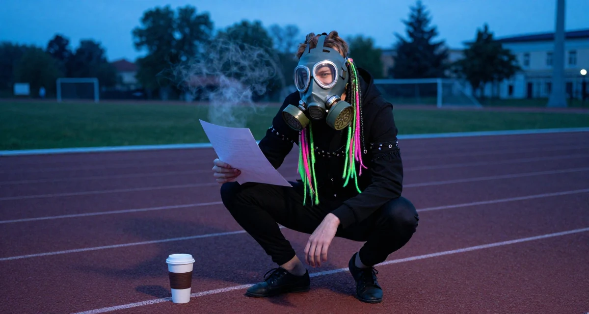 A pouting male From Russia, trained as a classical ballerina in their 23, gaining confidence through playful outfit themes, wearing a cyber-goth outfit with gas mask and neon dreads, holding a piece of paper in a running track.