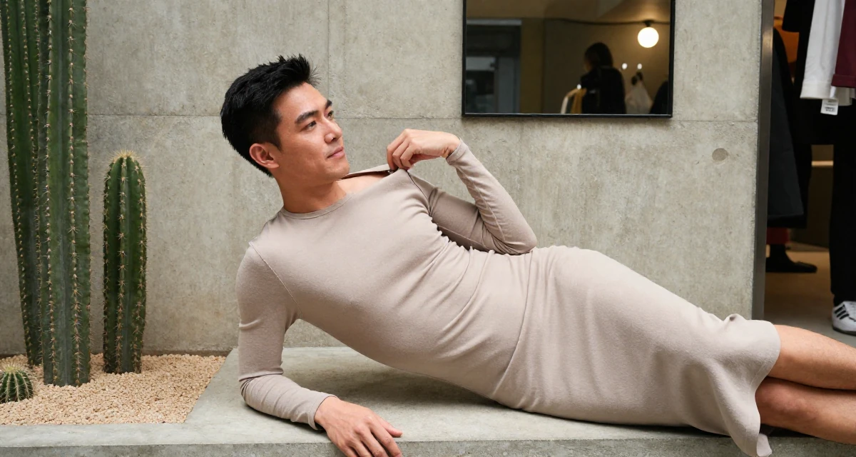 A satisfied male From Hong Kong, majored in graphic design in their 38, expert in vintage fashion and thrifting, wearing a long-sleeve bodycon midi dress in neutral tones, adjusting a shoulder strap in a modern apartment.