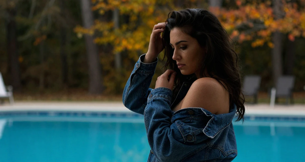 A tranquil Female From the United States, based in Miami, graduated from a creative institute majoring in seductive branding in their 22, wearing an ill-fitting blazer and looking nervous, wearing a denim jacket worn off-shoulder over a tube top, retouching hair volume in a autumn forest.