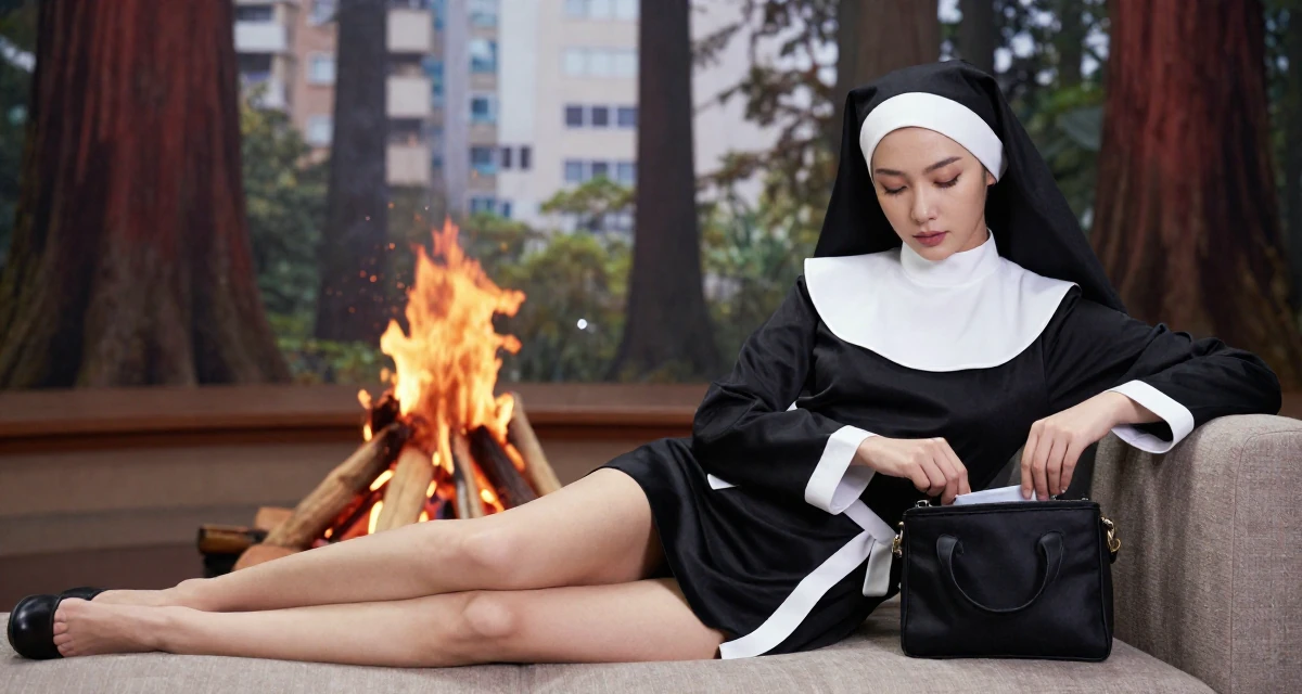 A calm and confident Female Once a biology lab intern, now crafting sensual science-themed content in their 24, facing pressure to reinvent the brand constantly, wearing a gothic nun habit with a modified short skirt, reaching into a bag in a campfire circle.