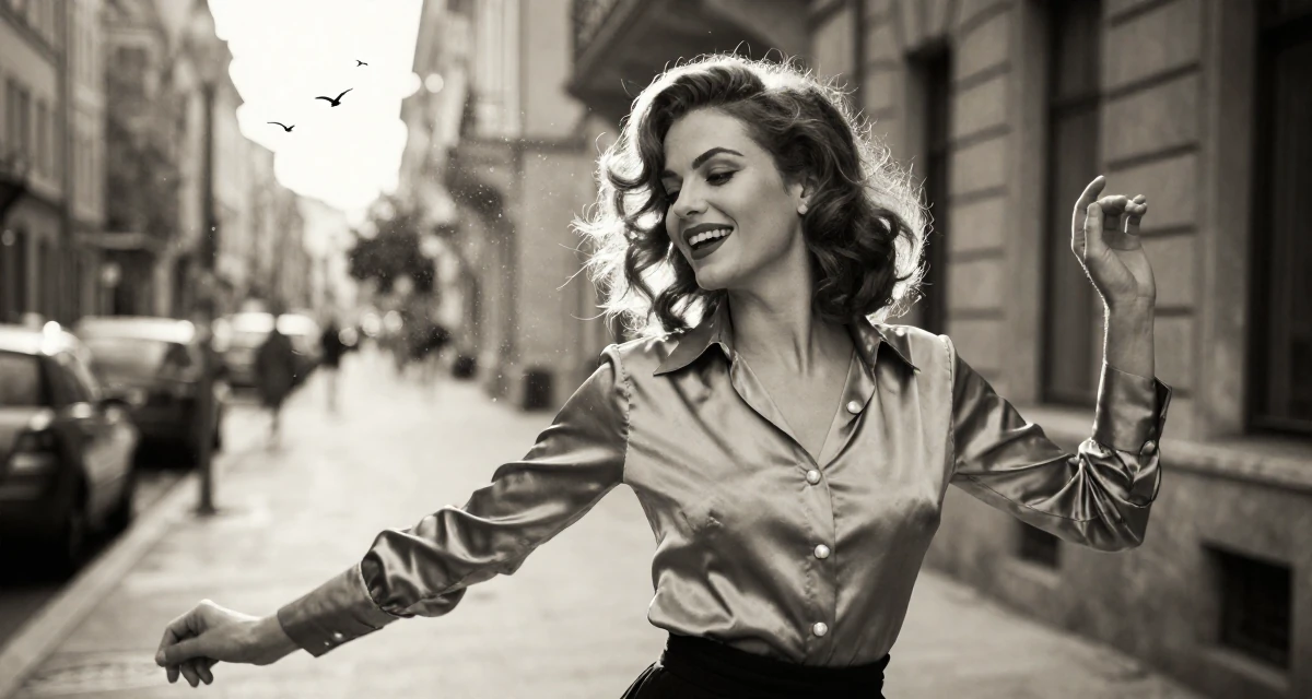 A lonely Female From Hungary, based in Debrecen, graduated from a fashion program majoring in bold thematic styling in their 24, glowing with the confidence of experience, wearing a satin blouse with pearl buttons, laughing softly in a city sidewalk.