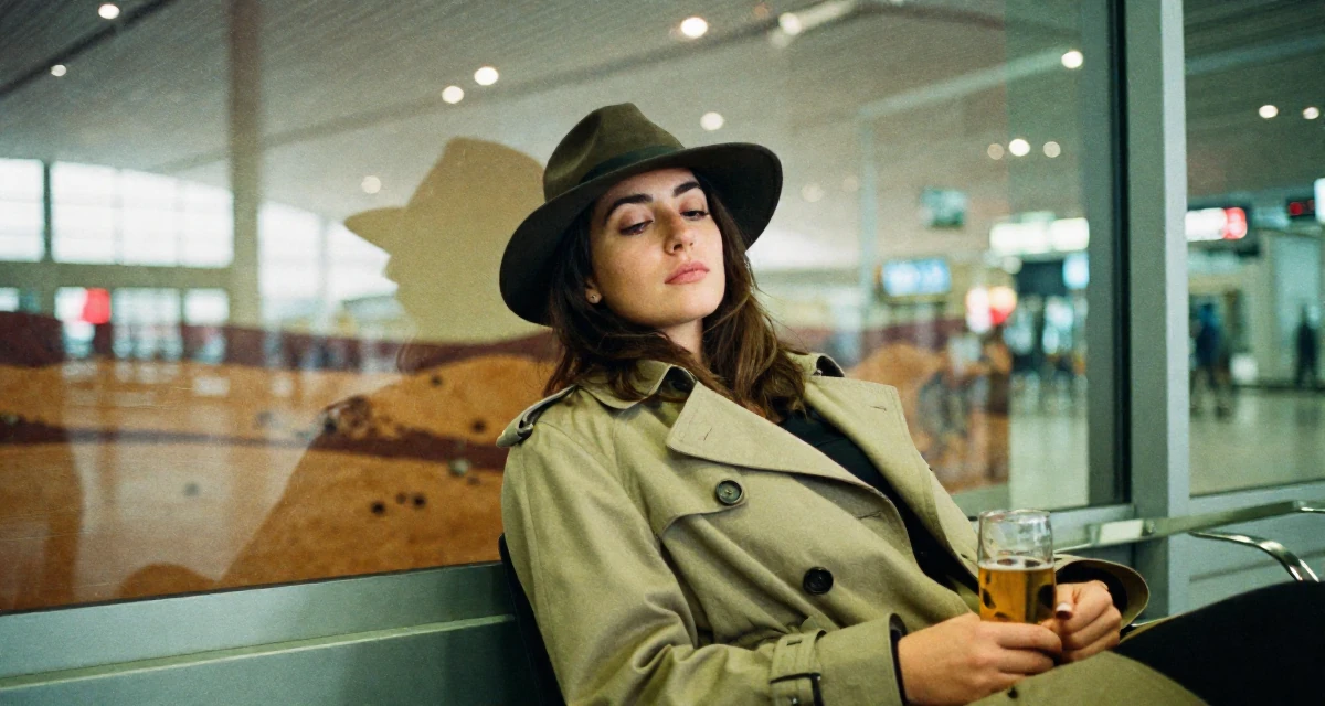 A sleepy Female From Spain, majored in journalism in their 21, glowing with the thrill of legal drinking age, wearing a detective trench coat and fedora hat, glancing sideways in a airport terminal.