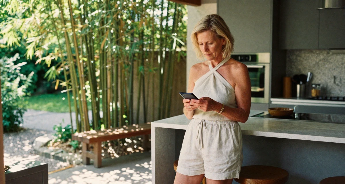 A steady Female From Sweden, based in Malmö, graduated from a media school majoring in expressive content aesthetics in their 50, sharing the secrets of graceful aging, wearing a criss-cross halter neck top and linen shorts, scrolling casually in a sunlit kitchen island.