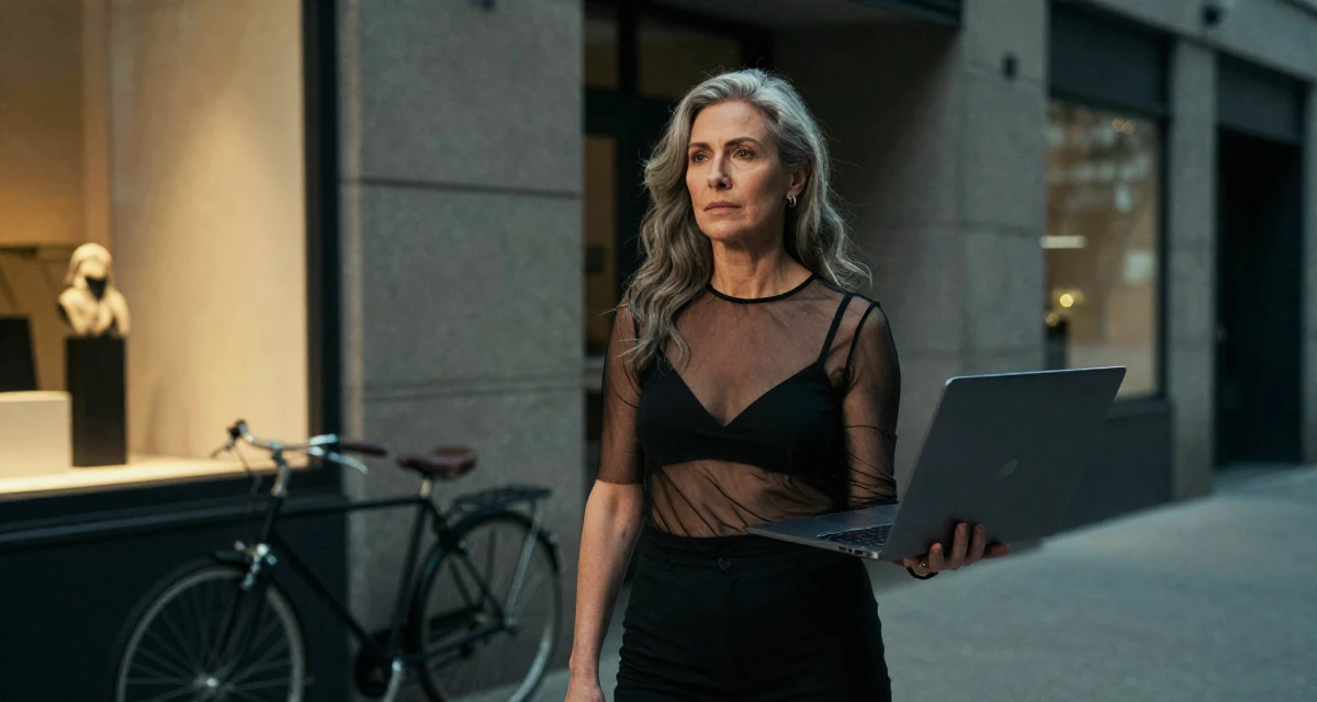 A composed Female Once a photography assistant, now starring in her own visual stories in their 48, embracing grey hair with style and grace, wearing a sheer mesh top layered over a black bralette, holding a laptop in a high-rise office building.