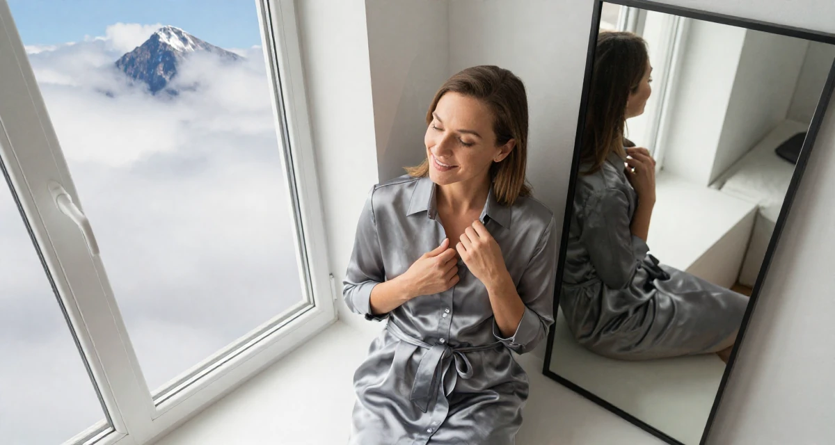 A blissful Female From Finland, studied agricultural economics in their 27, focusing on long-term wealth building, wearing a silk shirt dress with a tie waist, gripping a lapel in a cozy reading nook by a window.