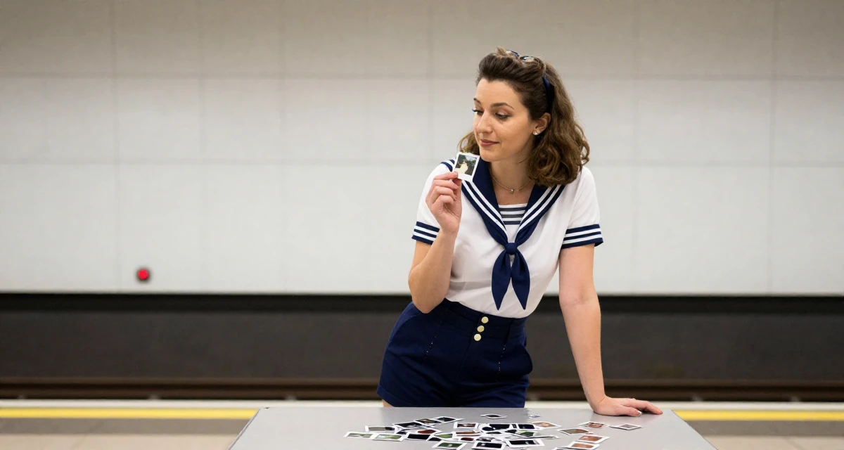 A gentle Female From Ireland, based in Cork, graduated from a regional college majoring in digital content creation in their 32, building a personal brand on LinkedIn, wearing a vintage pin-up sailor outfit with high-waisted shorts, holding a snack in a subway platform.