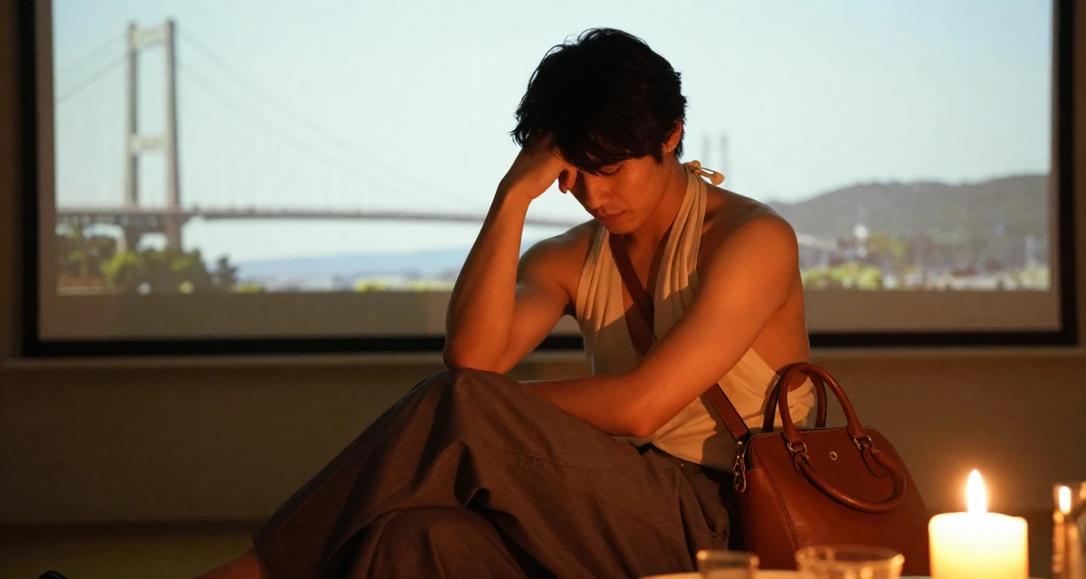 A relaxed male From Japan, majored in information systems in their 24, hiding stress behind carefully curated posts, wearing a halter neck top and wide-leg office trousers, carrying a leather handbag in a farm field.