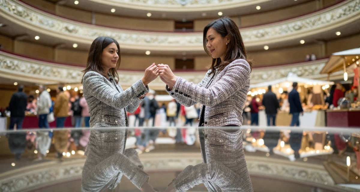 A smiling gently Female Once a kindergarten teacher, now a full-time lifestyle content creator in their 37, focused on building generational wealth, wearing a tweed mini skirt and a matching jacket, cracking knuckles in a opera house balcony.