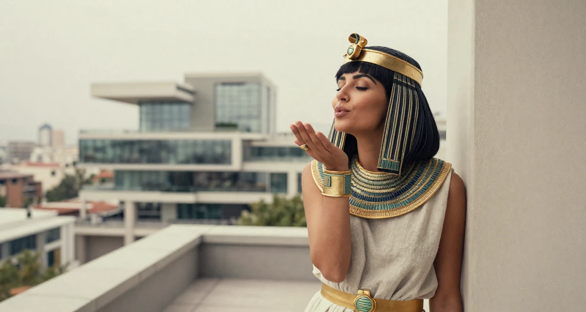 A quietly happy Female Previously a stay-at-home mom, now monetizing relatable lifestyle content in their 30, exploring minimalism and intentional living, wearing a egyptian queen costume with gold collar and linen, blowing a kiss in a rooftop terrace.