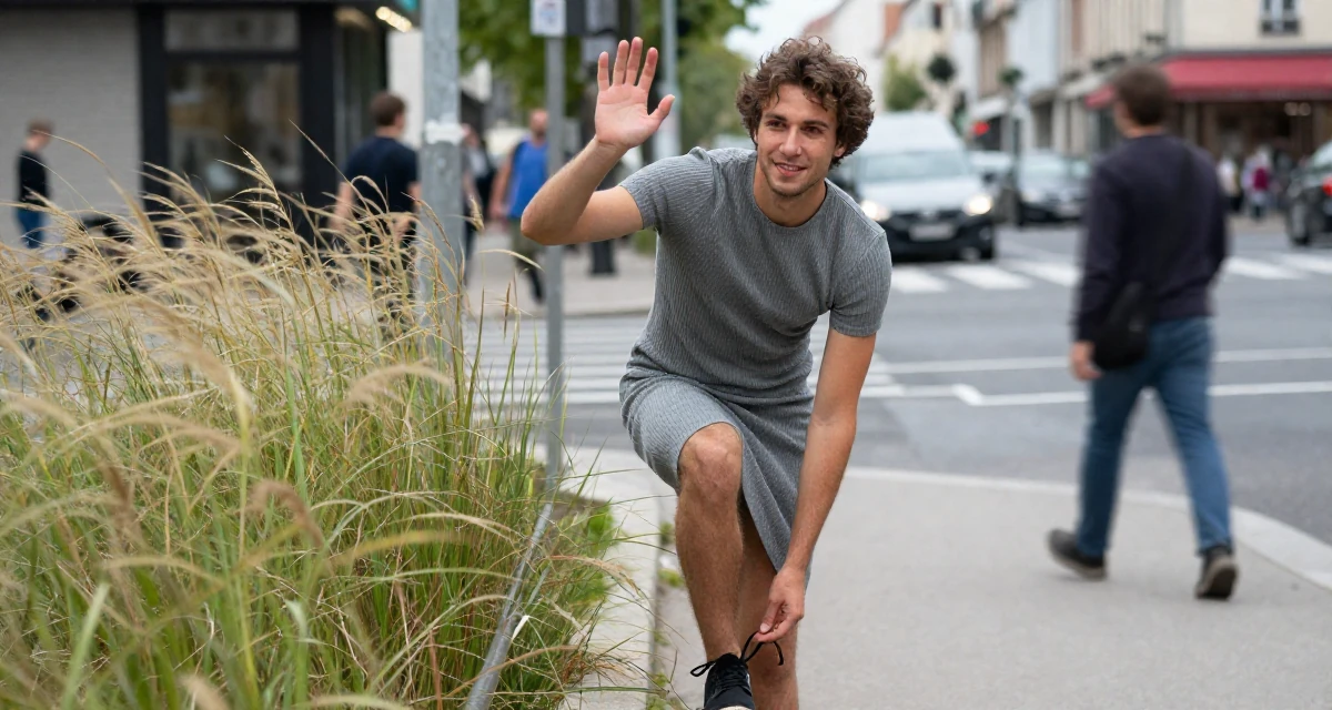 A relaxed and happy male From France, based in Lyon, graduated from an arts school majoring in fashion communication in their 20, navigating the awkwardness of early adulthood, wearing a fitted ribbed dress, tying a shoelace in a city sidewalk.