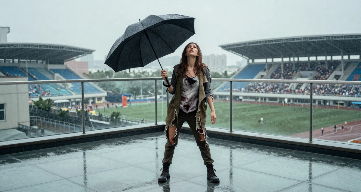 A refreshed Female From Taiwan, studied visual communication design in their 42, renovating a forever home with detailed care, wearing a zombie apocalypse survivor gear with torn clothes, shaking rain off an umbrella in a rooftop terrace.