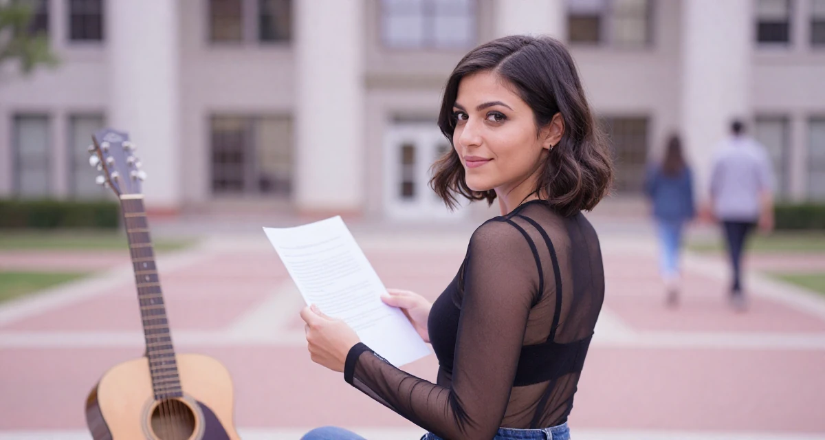 A satisfied Female From USA, dropped out of art school to pursue modeling in their 44, handling high healthcare expenses, wearing a sheer mesh top layered over a black bralette, holding a piece of paper in a university campus.