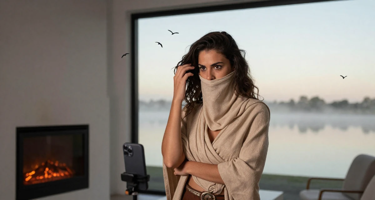 A rebellious Female From Mauritius, studied digital marketing in their 23, experimenting with soft teasing videos, wearing a desert nomad wrap outfit with a face veil, retouching hair volume in a modern apartment.