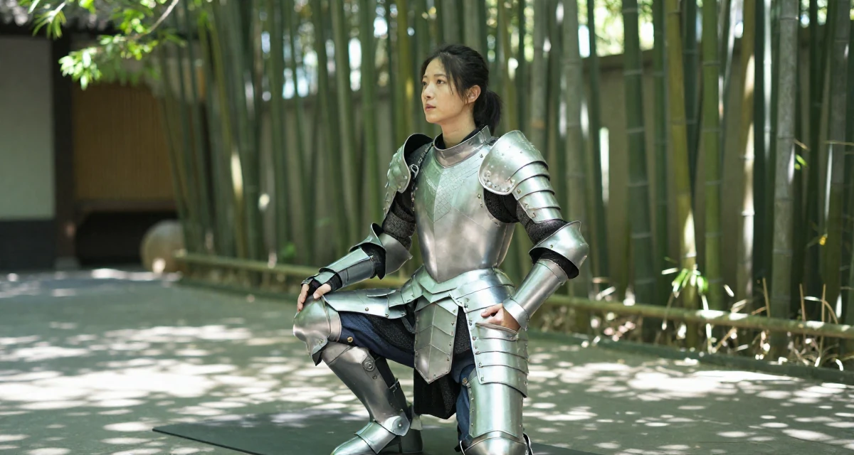 A observant Female From Taiwan, based in Taichung, graduated from an arts academy majoring in visual storytelling in their 49, celebrating the beauty of imperfection, wearing a fantasy warrior princess armor made of silver metal, sliding a hand into a pocket in a yoga studio.