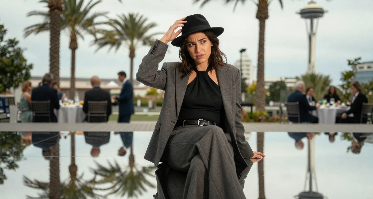 A coy Female From Switzerland, based in Geneva, graduated from a local university majoring in communication management in their 22, wearing an ill-fitting blazer and looking nervous, wearing a halter neck top and wide-leg office trousers, tipping a hat in a banquet hall.