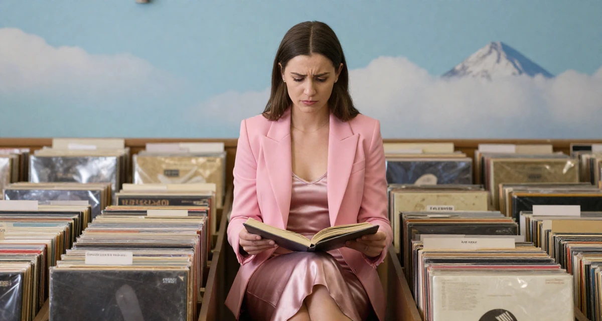 A amused Female From UK, has a background in history and archaeology in their 25, worrying about being judged by classmates, wearing a satin slip skirt paired with a structured blazer, turning a page in a vintage record store.