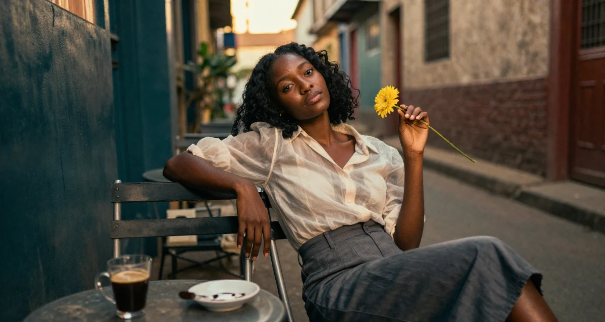 A whimsical Female From Kenya, based in Nairobi, graduated from a creative institute majoring in aesthetic communication in their 29, managing emotional burnout disguised as “taking a break”, wearing a sheer sleeve blouse and a high-waisted skirt, holding a single flower in a neon-lit alleyway.