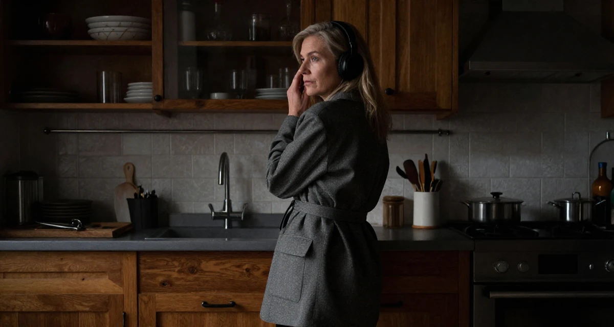 A ethereal Female From London United Kingdom, majored in media studies in their 33, navigating the complexity of senior leadership, wearing a oversized blazer worn as a dress with a belt, listening to music with headphones in a rustic kitchen.