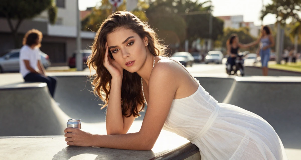 A melancholic yet beautiful Female From Brazil, based in Curitiba, graduated from a regional college majoring in advertising design in their 27, dealing with the pressure of peers getting married, wearing a semi-sheer white sundress backlit by the sun, holding a beverage can in a skate park.