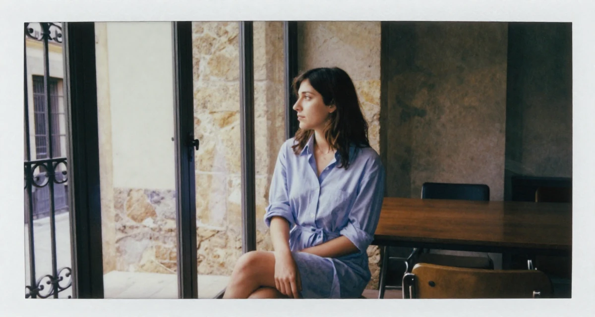 A nostalgic Female From Spain, studied audiovisual communication in their 25, embracing solitude and self-discovery, wearing a belted shirt dress with rolled sleeves, looking out the window in a glass-walled conference room.