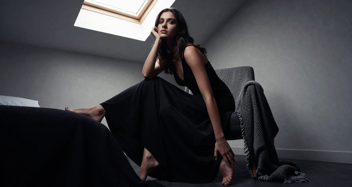 A elegant Female From Mauritius, studied digital marketing in their 20, unsure of their major but faking confidence, wearing a flowing maxi skirt and top, tapping a foot rhythmically in a minimalist bedroom.