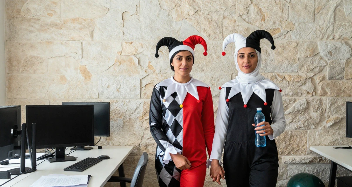 A proud Female From Abu Dhabi UAE, studied finance and banking in their 34, managing a remote team from a home office, wearing a harlequin jester costume with a diamond pattern, holding a water bottle in a bowling alley.