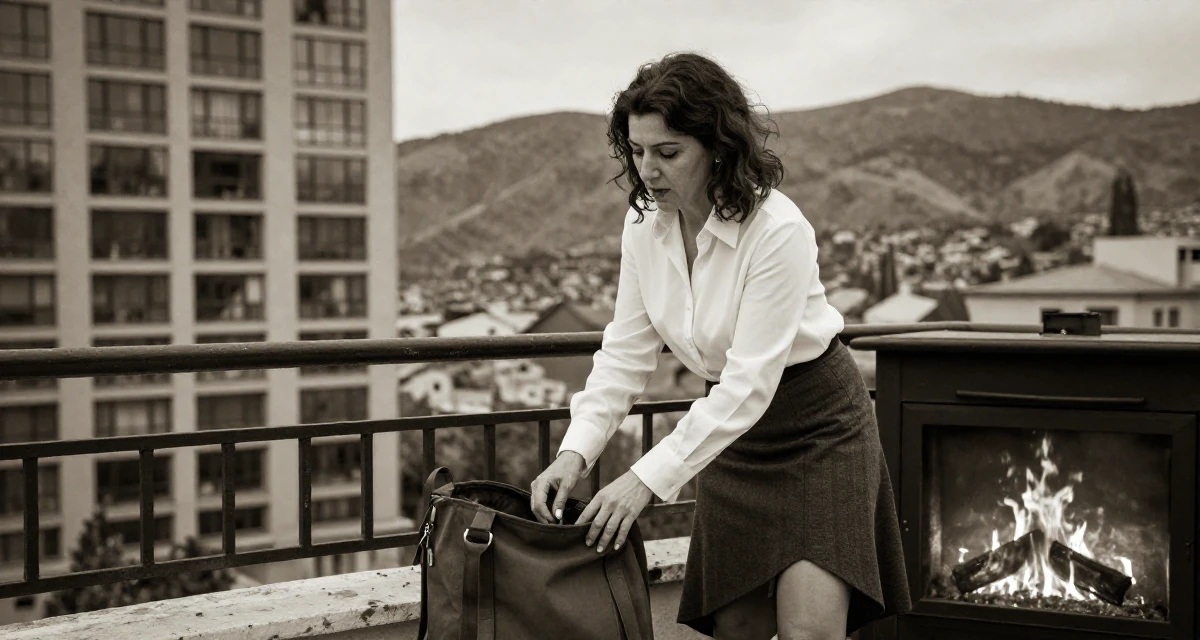 A empowered Female From Armenia, studied sociology in their 40, inspiring others to chase dreams at any age, wearing a asymmetrical hem skirt and a crisp white shirt, reaching into a bag in a high-rise office building.