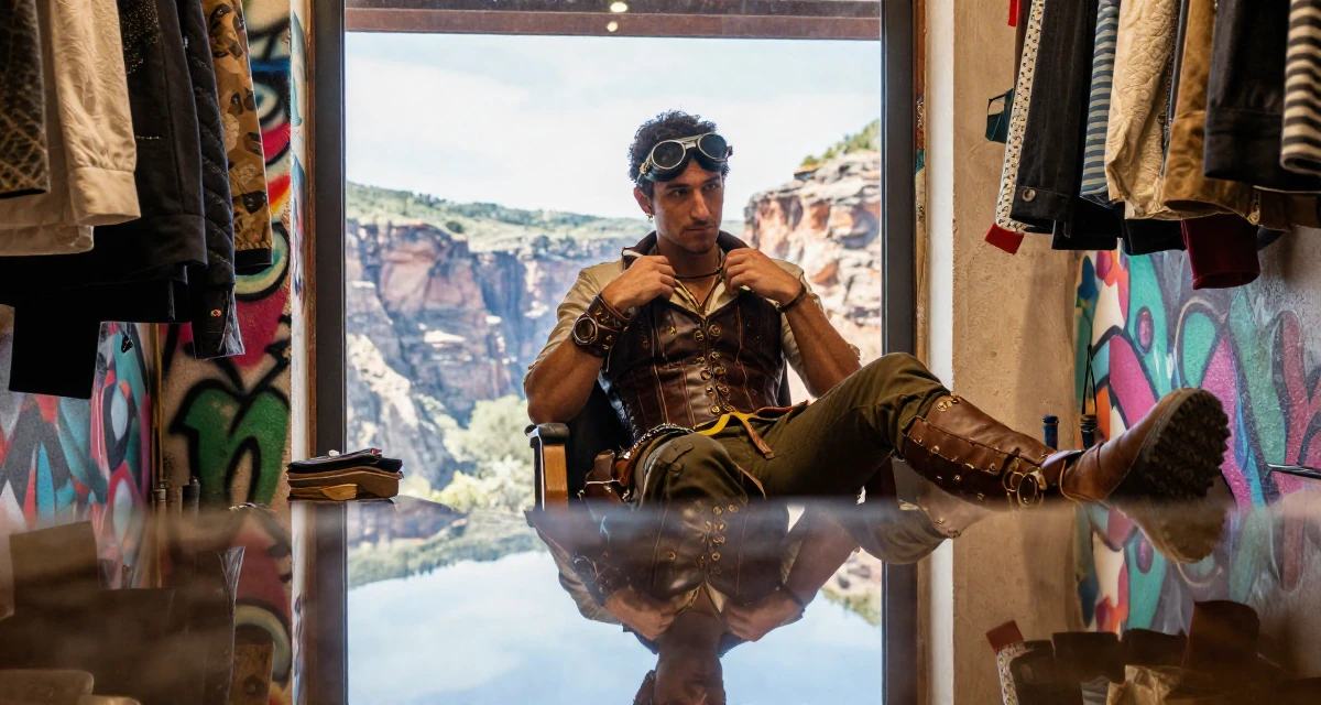 A ambitious male From Barcelona Spain, trained in creative directing for personal content in their 25, feeling empowered posting subtly provocative looks, wearing a steampunk adventurer outfit with a corset and goggles, fiddling with a necklace in a clothing boutique.