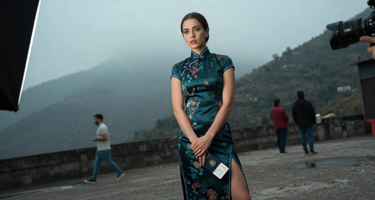 A engrossed Female From Córdoba Argentina, studied biomedical engineering in their 23, refining seductive expression through skilled camera work, wearing a Chinese qipao (cheongsam) modified with a high slit, holding a passport or ticket in a basement studio.