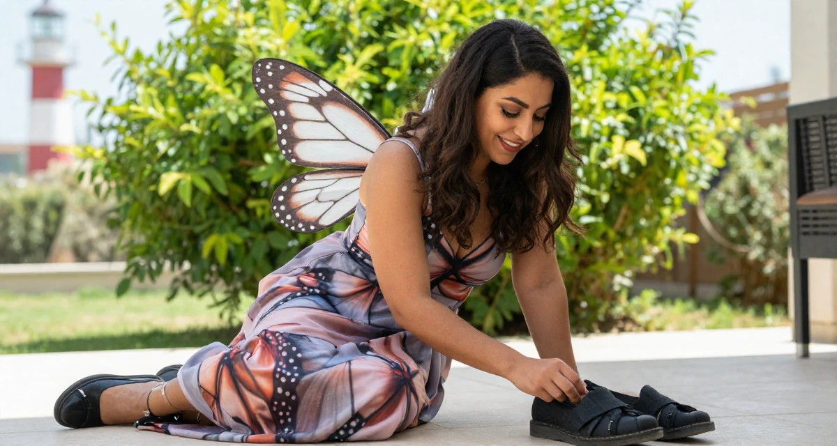 A bright and optimistic Female From Arabic-speaking world, majored in health administration in their 32, newly married and adjusting to shared finances, wearing a butterfly-themed fairy dress with large wings, looking down at shoes in a sunny patio.