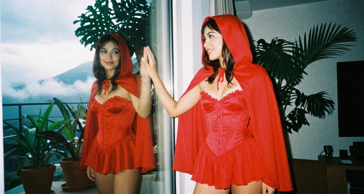 A flirty Female Born overseas, studied communication studies in their 23, learning to express sensuality without crossing personal limits, wearing a red riding hood inspired cape and corset dress, checking a reflection in a window in a sunlit living room.