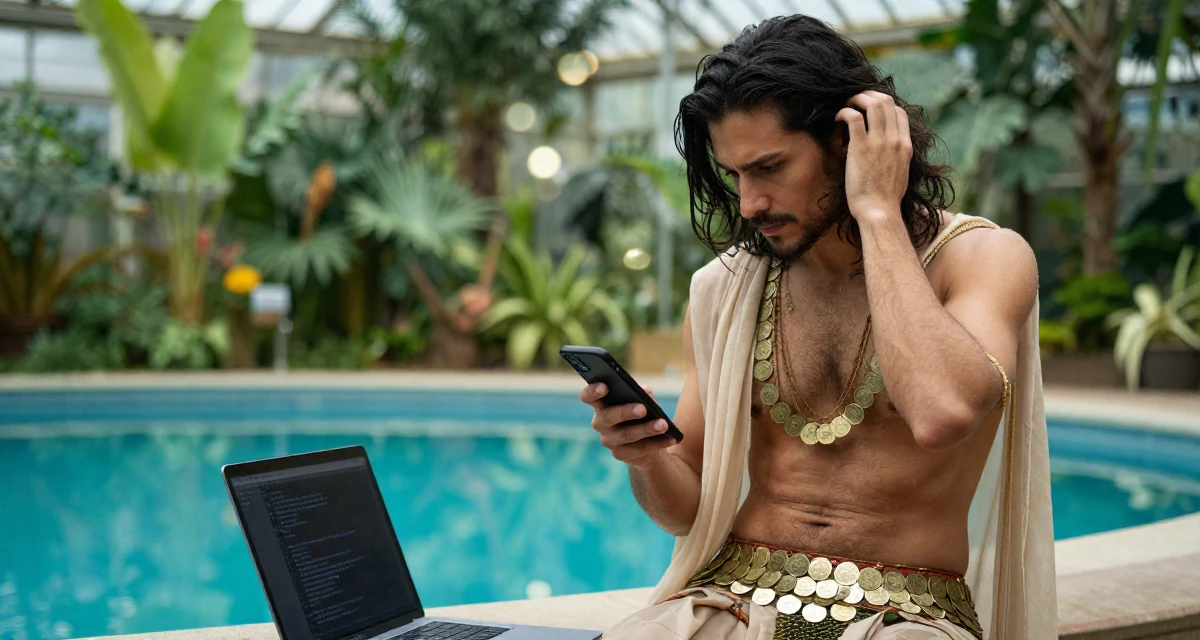 A determined male Former florist assistant, now making soft, romantic aesthetic content in their 24, balancing sensuality with authenticity, wearing a belly dancer outfit with sheer fabrics and coins, reading a text message in a botanical greenhouse.