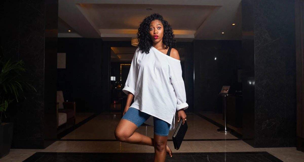 A whimsical Female From Mali, majored in agricultural management in their 30, freelancing after a layoff, wearing a oversized white shirt worn off one shoulder and biker shorts, clutching a clutch bag in a luxury hotel lobby.
