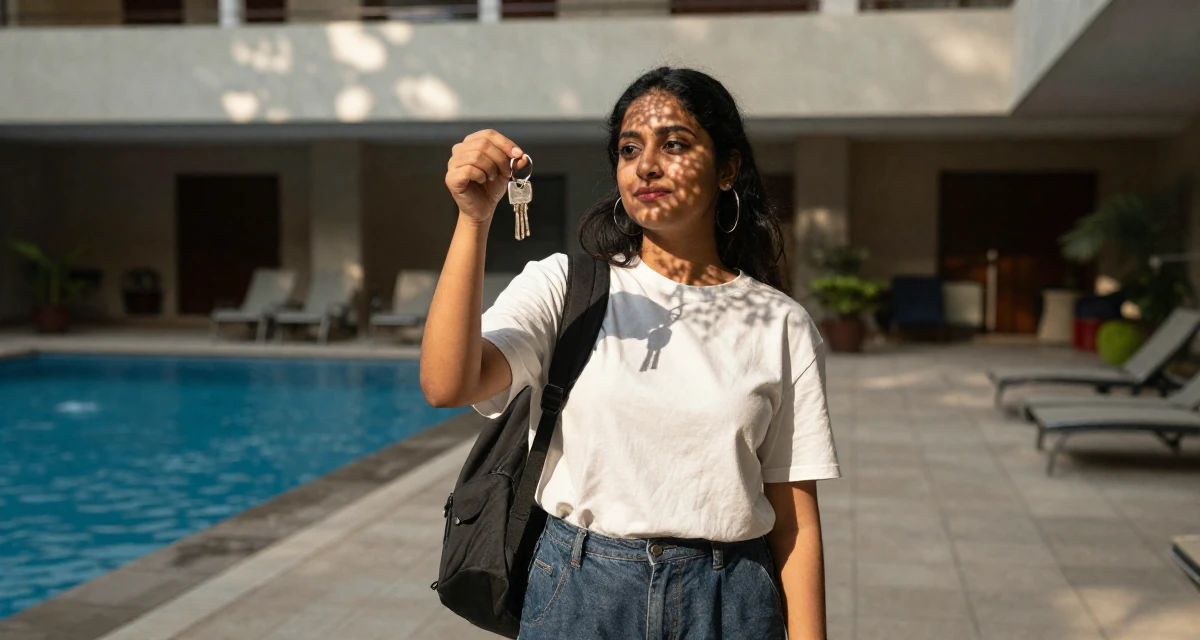 A romantic Female From New Delhi India, majored in English literature in their 22, joining creator communities for tips and support, wearing a comfortable travel outfit, holding a set of keys in a lecture hall.