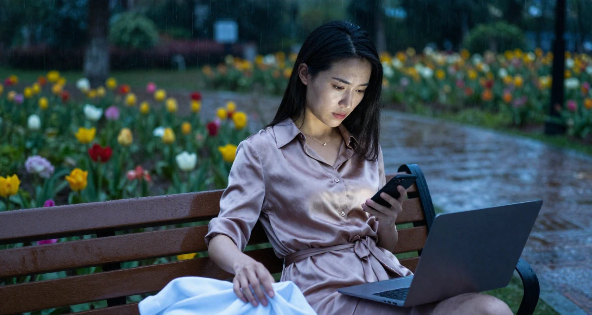 A stressed Female From Guangzhou China, studied international business in their 32, focusing on health and longevity habits, wearing a silk shirt dress with a tie waist, smoothing out clothes in a blooming flower garden.