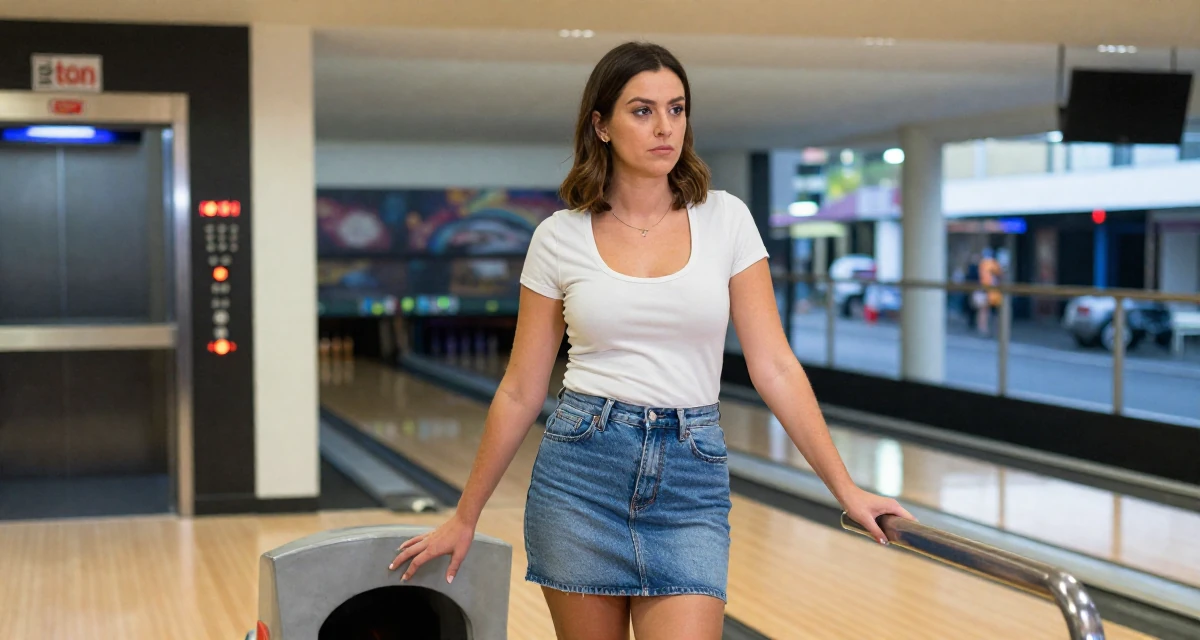 A timid Female From Australia, studied sports science and nutrition in their 41, tech executive pivot to digital content creation, wearing a fitted scoop neck tee and a denim mini skirt, grabbing a railing for support in a bowling alley.