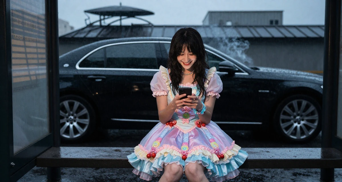 A lighthearted Female From Chinese-speaking regions, studied petroleum economics in their 25, vibrating with creative potential, wearing a candy-themed magical girl dress with pastel colors, checking a phone in a bus stop in the rain.