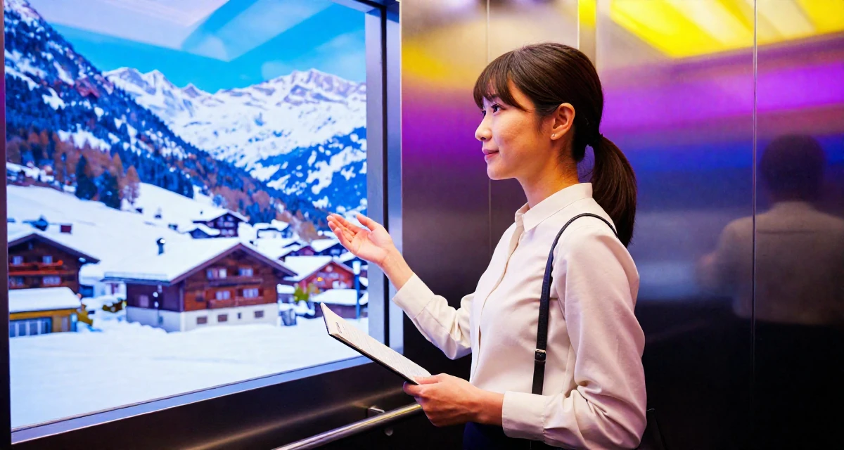 A peaceful Female From Osaka Japan, holds a degree in animation design in their 24, navigating office politics for the first time, wearing a minimalist everyday clothing, gesturing while talking in a corporate elevator.