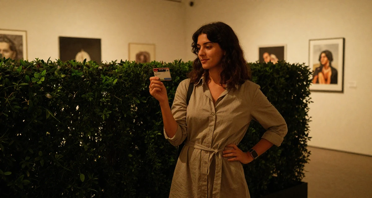 A gentle Female From Italy, majored in photography and visual arts in their 23, seeking career clarity through trial and error, wearing a belted shirt dress with rolled sleeves, holding a subway card in a art gallery.