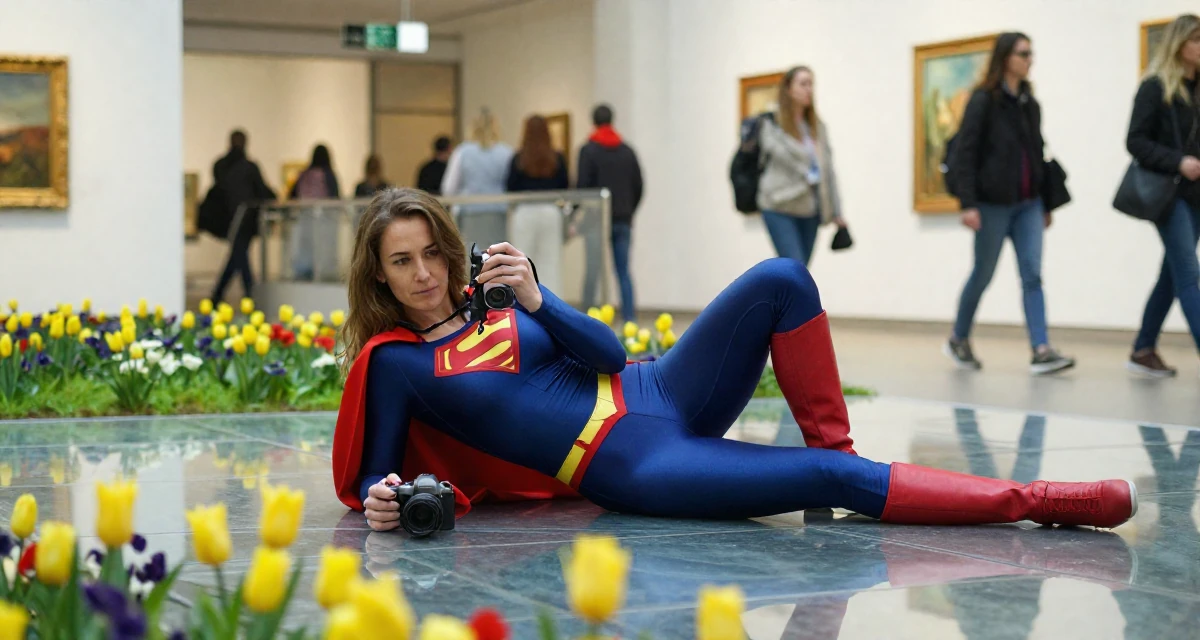 A mysterious Female From Hungary, has a background in physical education in their 48, fitness instructor focused on mobility and strength, wearing a superheroine spandex suit with a cape, holding a camera ready to shoot in a art gallery hall.