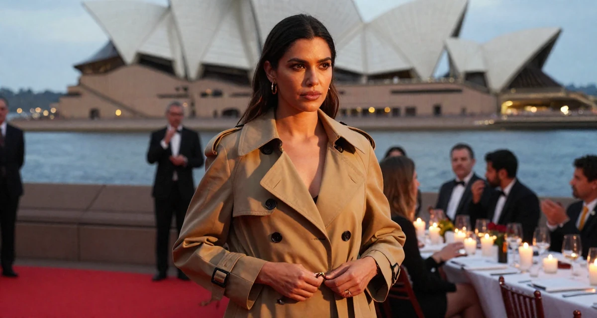 A stoic and strong Female From Guadalajara Mexico, trained in swimsuit modeling and runway posing in their 41, sharing tips for staying relevant in tech, wearing a stylish trench coat over basics, fixing a belt buckle in a red carpet event.
