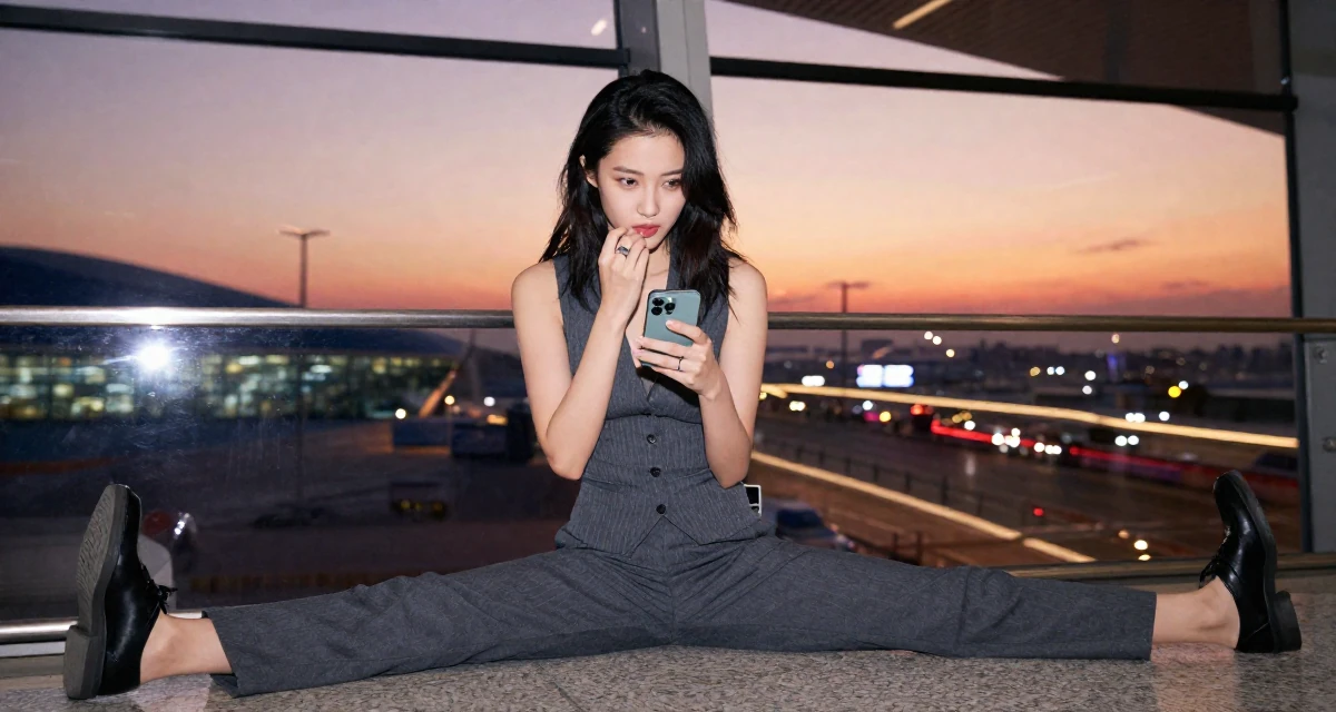 A confident Female From Wuhan China, studied marketing and communications in their 22, biting a lip while checking a phone, wearing a fitted vest top worn without a shirt underneath and slacks, playing with a ring in a airport terminal.