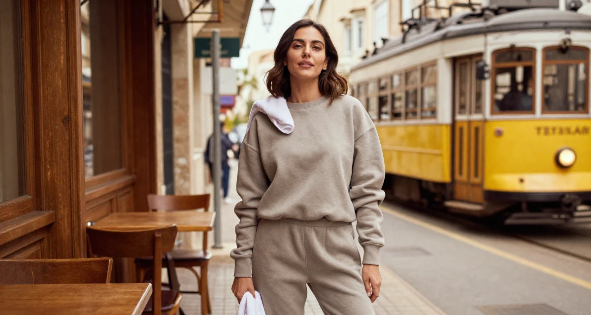 A compassionate Female From Israel, based in Tel Aviv, graduated from an arts program majoring in sensual character creation in their 31, finding joy in small daily rituals, wearing a relaxed jogger and sweatshirt combo, holding a gym towel in a quaint European street.