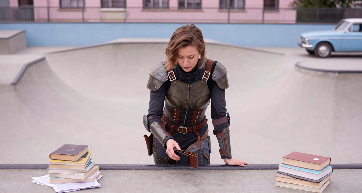 A soulful Female From Warsaw Poland, trained in expressive acting for camera work in their 25, strengthening personal boundaries and priorities, wearing a biopunk organic armor suit, checking a wallet in a skate park.