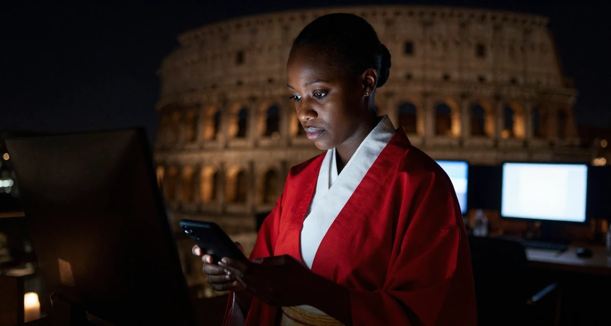 A proud and dignified Female Born in Haiti, majored in international relations in their 32, sharing budget-friendly interior design tips, wearing a traditional Japanese miko priestess robe in red and white, scrolling casually in a high-end restaurant.