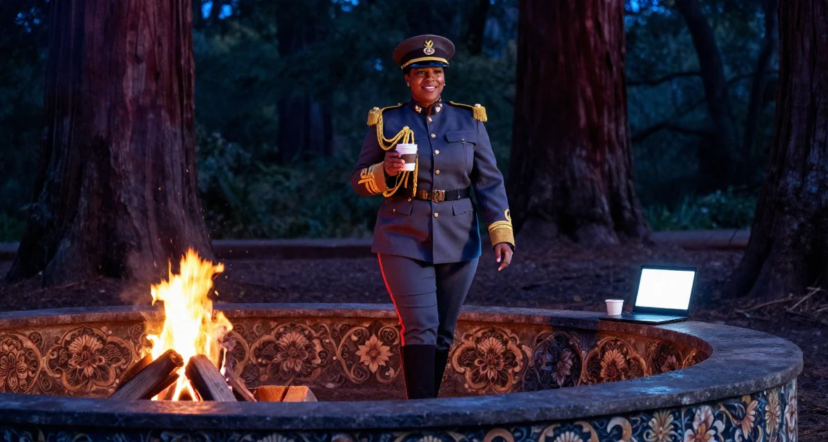 A friendly Female From South Africa, based in Cape Town, graduated from a fashion university majoring in body-positive styling in their 45, expert in vintage wine and culinary arts, wearing a imperial officer uniform with a peaked cap, holding a cup of coffee in a campfire circle.